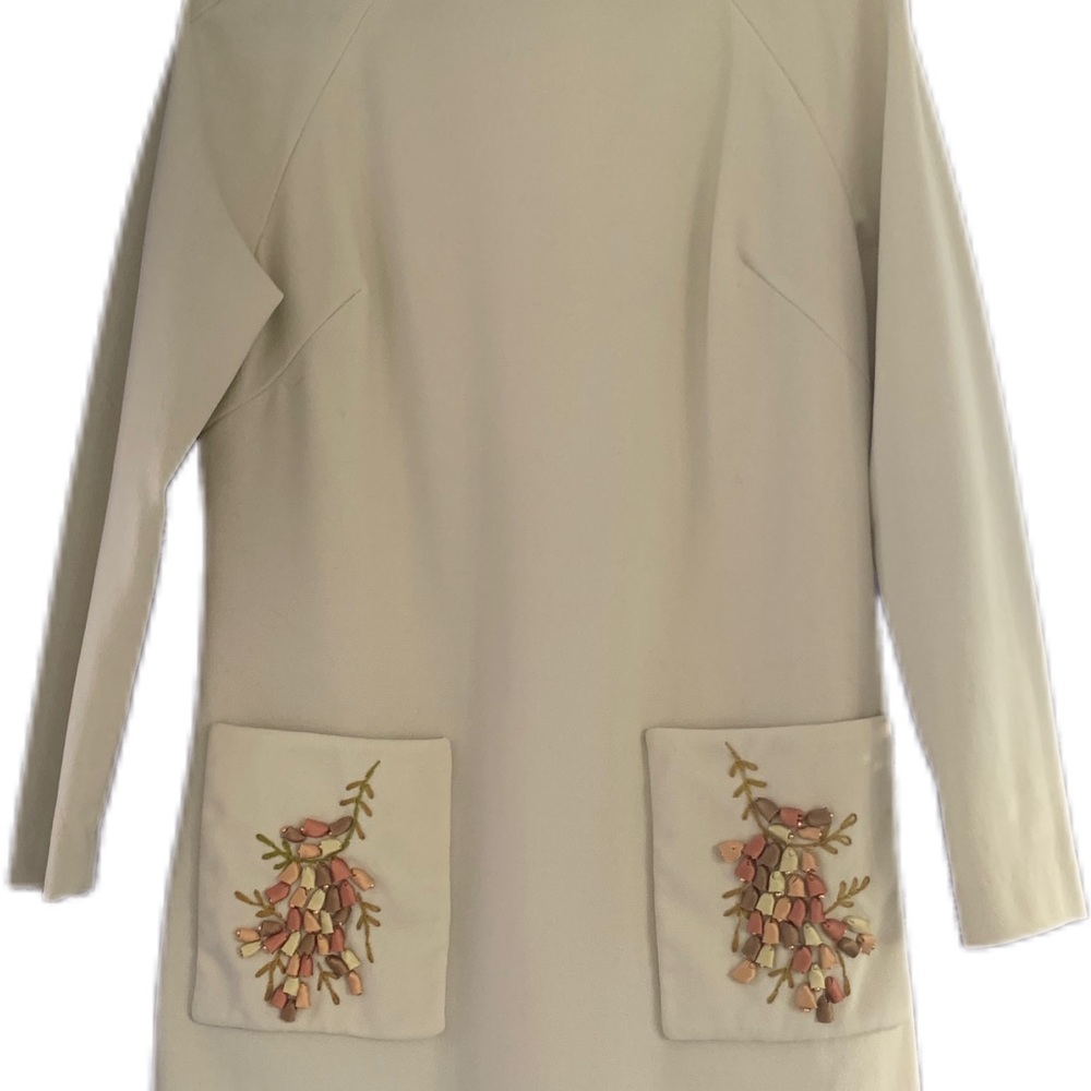 60s Mod Dress Neutral Vintage Retro Funnel Neck Pocket Accents M - Picture 10 of 12